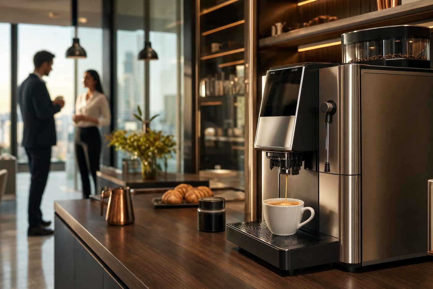 Máquina de café espresso automática instalada na copa de um escritório corporativo, extraindo café em xícara branca