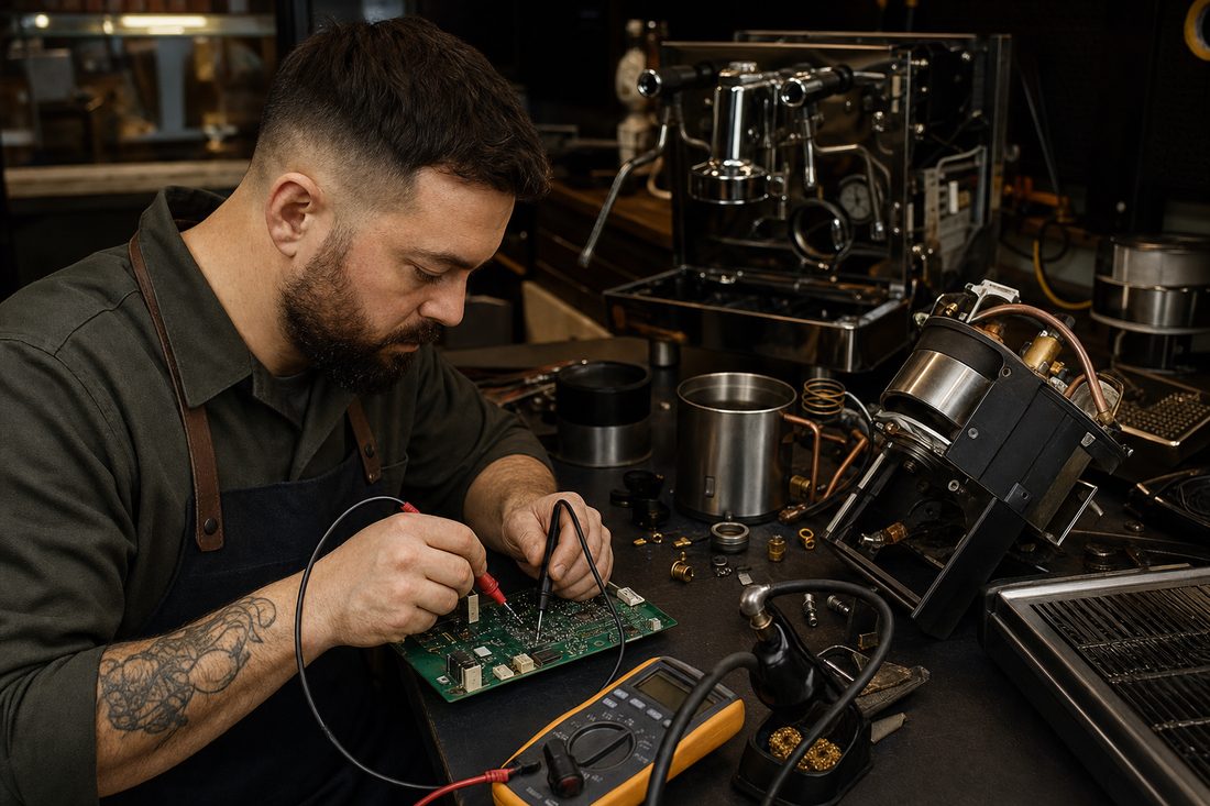 Técnico medindo com multímetro a placa eletrônica de uma máquina de café espresso na bancada do laboratório