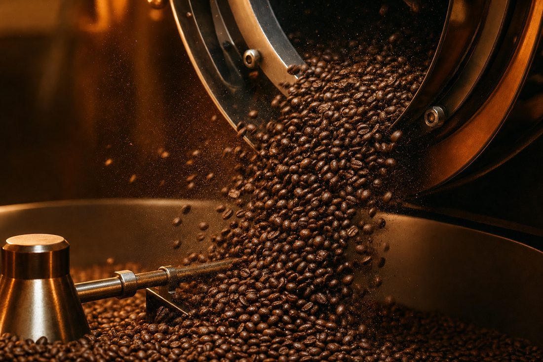 Grãos de café recém-torrados saindo do resfriador de um torrador de tambor de cobre