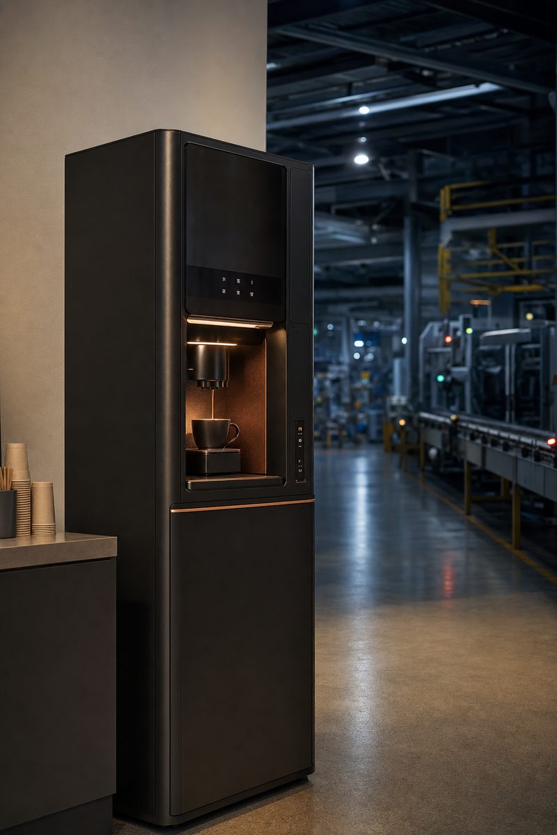 Máquina de café vending instalada em corredor de área industrial durante o turno da noite